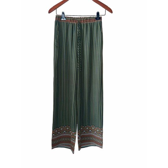 Nwt umgee olive green wide leg boho tribal Aztec lightweight small elastic tie - Picture 2 of 5